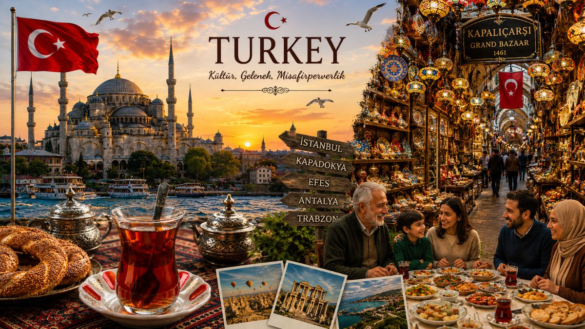 Culture in Turkish society showing traditions, tea, mosque and local life