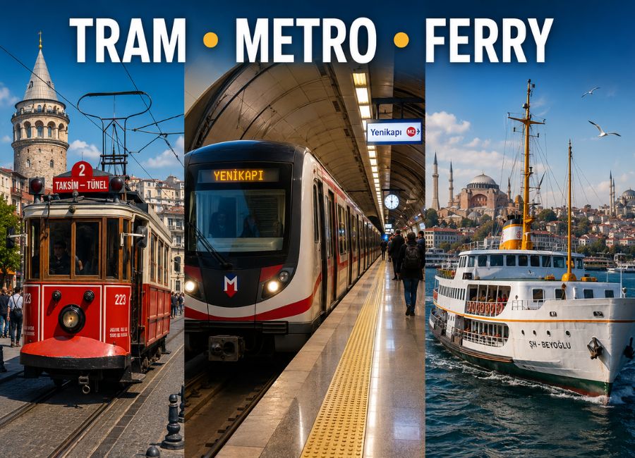 Public transportation options in Istanbul city including tram and ferry