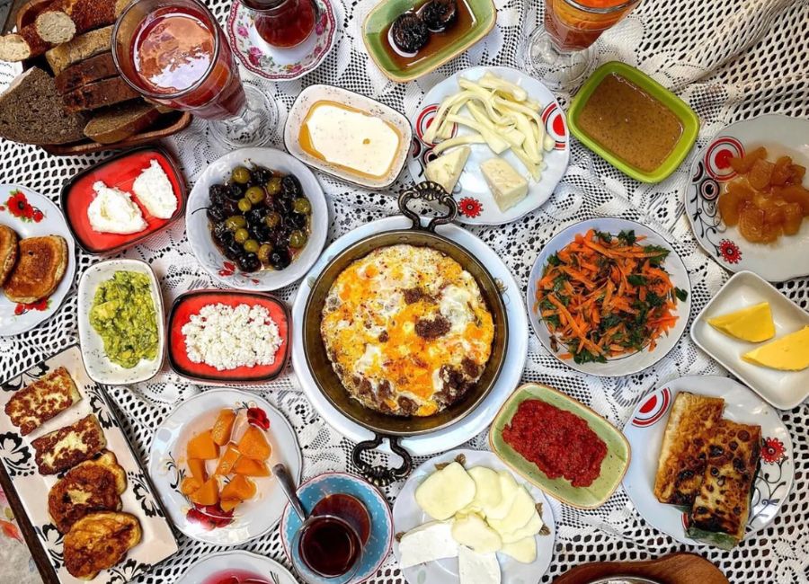 Traditional Turkish side dishes served with kebabs including Baklava and Ayran
