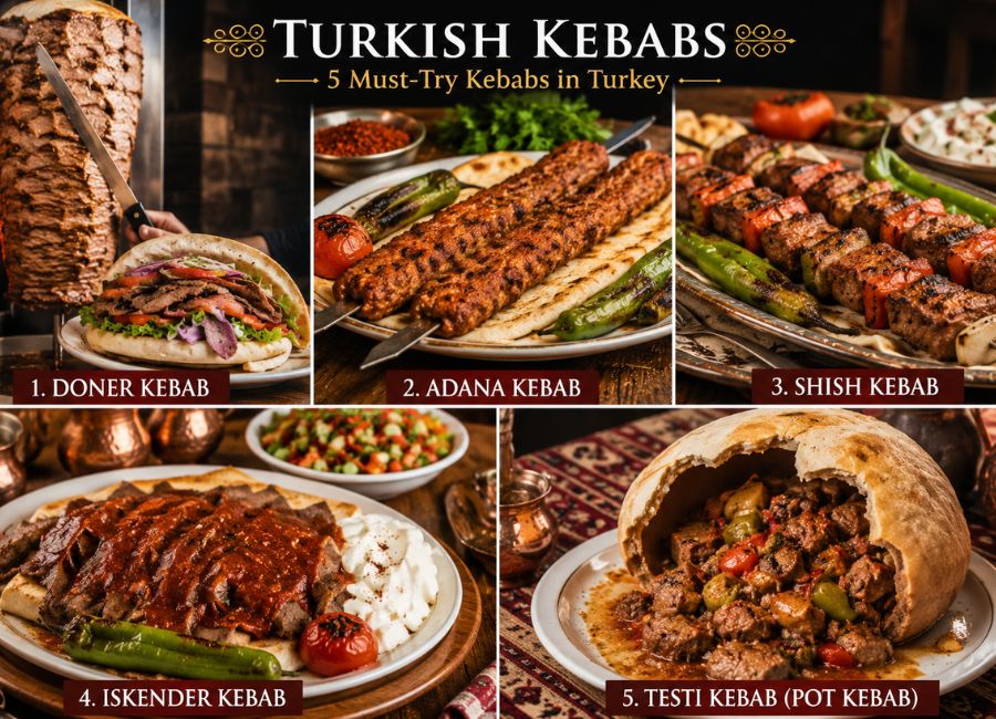 Popular Turkish kebabs including Doner Adana and Shish Kebab