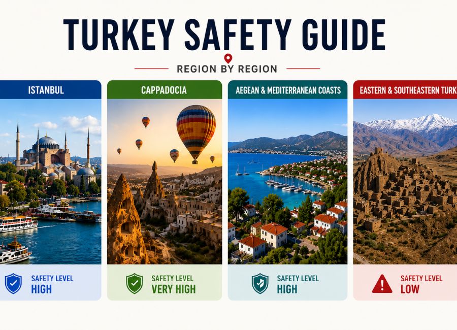 Turkey tourist safety guide showing Istanbul, Cappadocia, Mediterranean Coast and Eastern Turkey regions