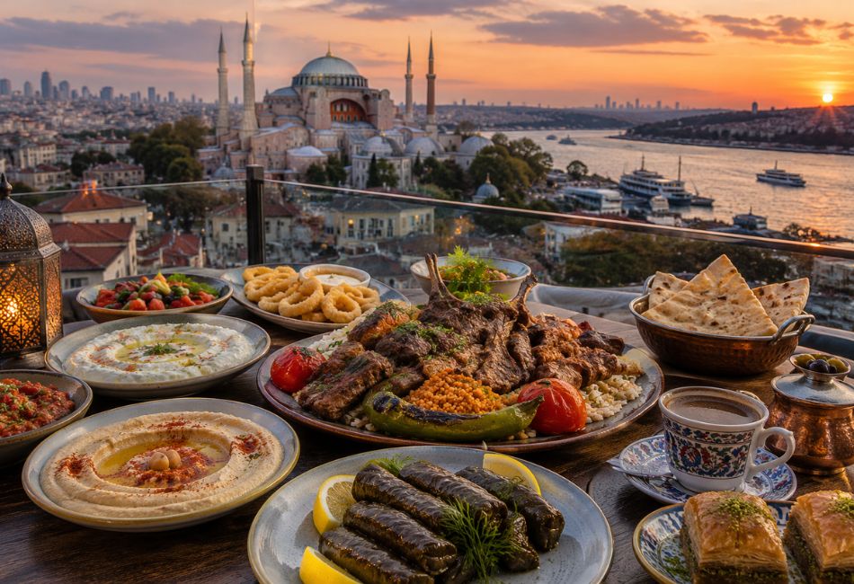 Popular Turkish foods including simit baklava and coffee