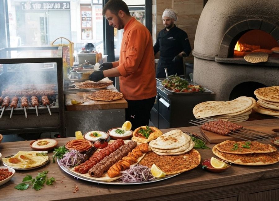 Turkish chef preparing fresh kebabs inside a Turkish Kabab House