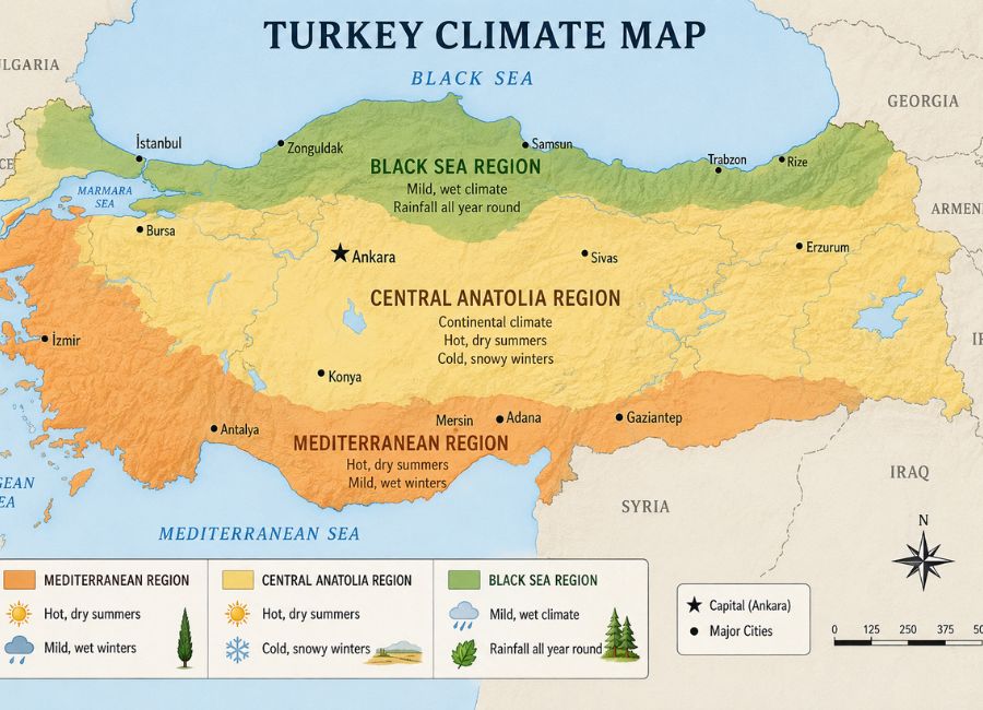 Turkey climate map showing Mediterranean, Central Anatolia and Black Sea regions