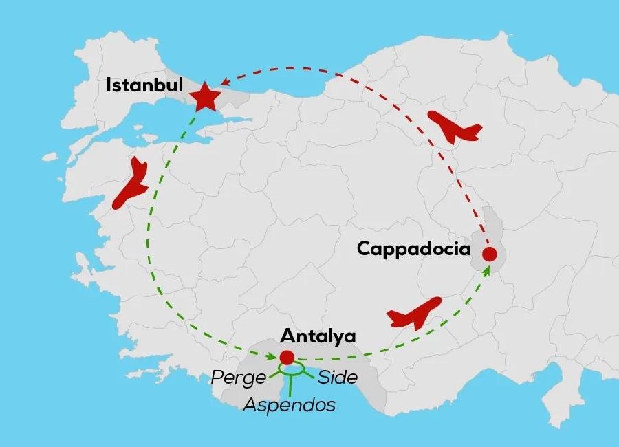 Turkey tourist destinations map including Istanbul Cappadocia and Antalya