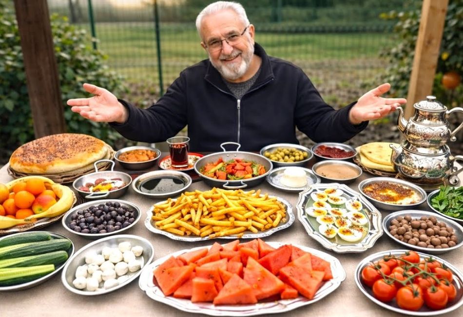 Traditional Turkish breakfast with tea cheese and olives