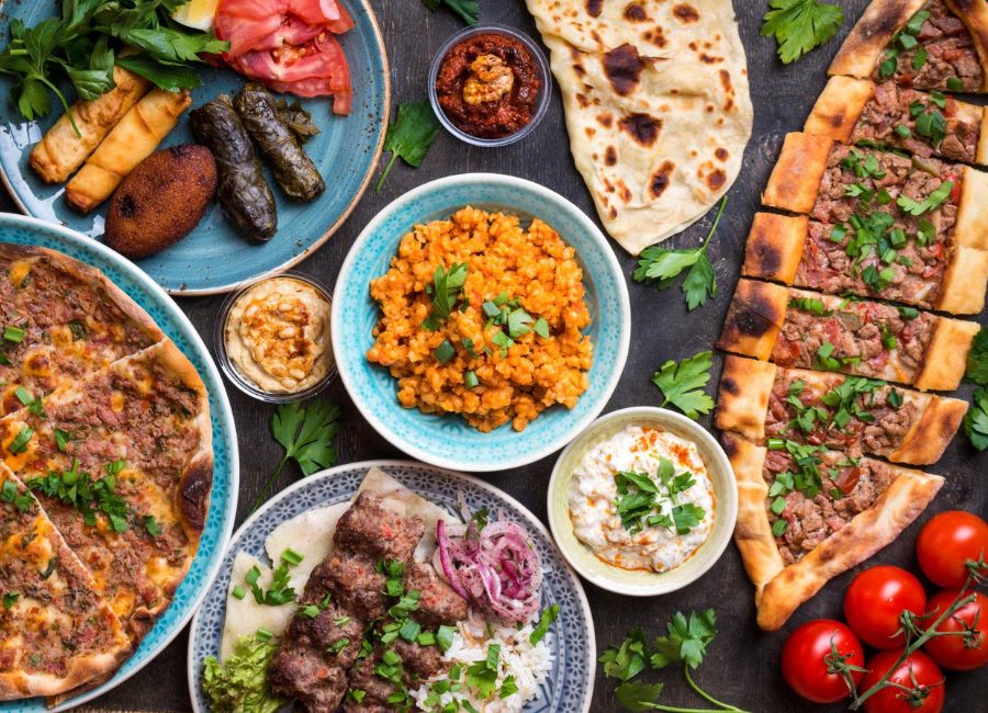 Traditional Turkish cuisine including kebab, baklava and meze