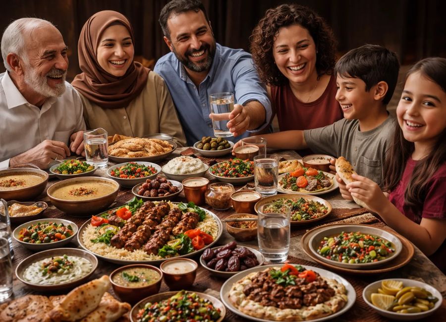 Turkish family sharing traditional kebab meal during celebration
