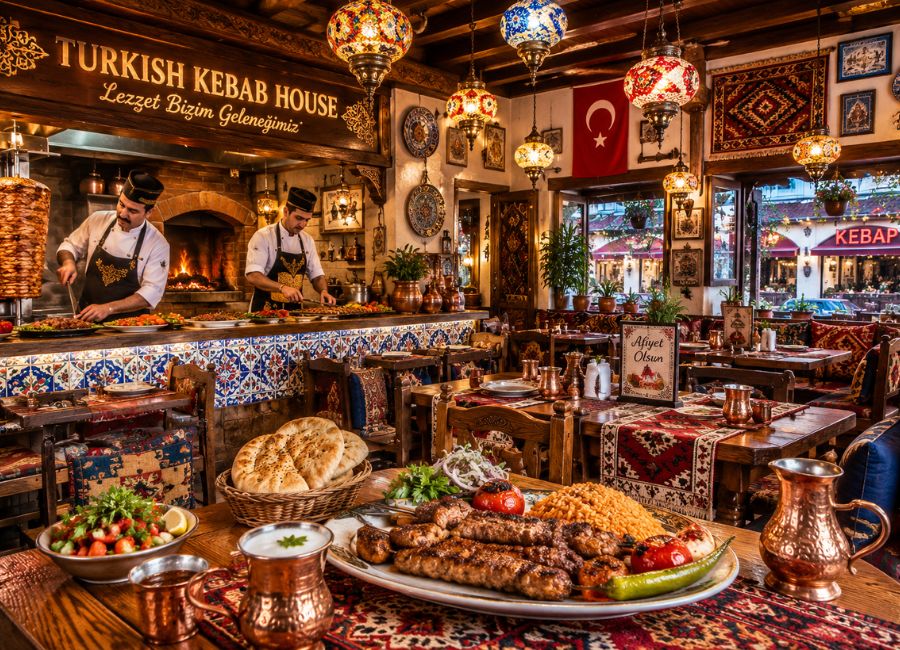 Traditional Turkish Kabab House restaurant interior with authentic decor