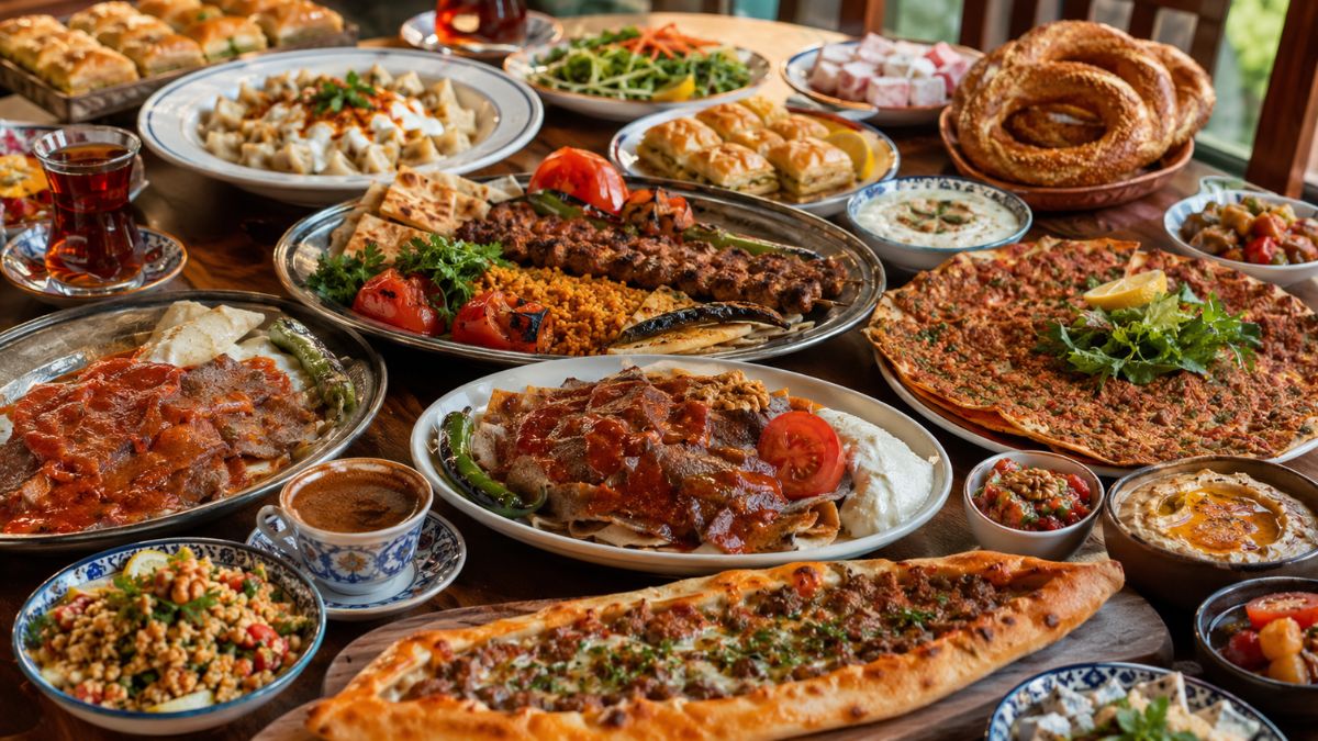 Famous Turkish dishes served on a traditional Turkish dining table