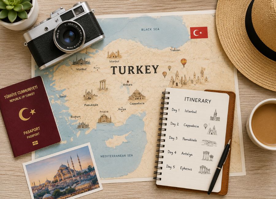 7 day Turkey honeymoon itinerary planning flat lay