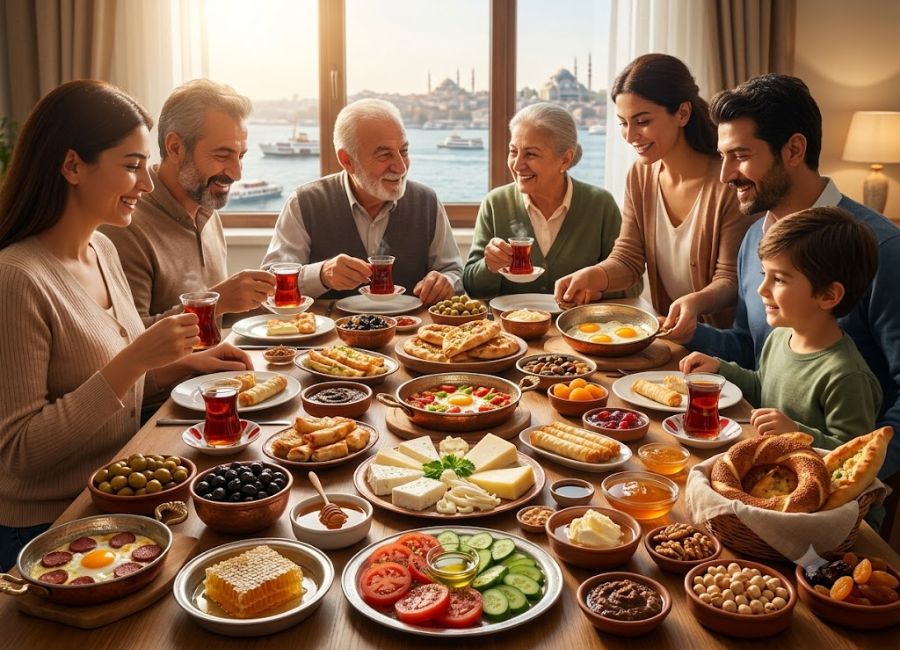 Traditional Turkish breakfast with family