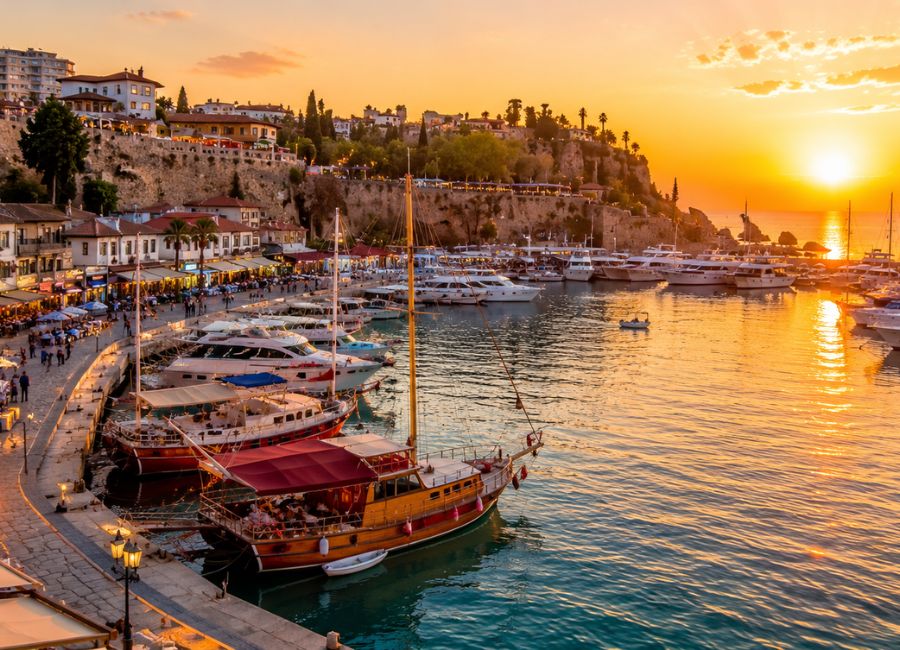 Antalya Marina with yachts and beautiful sunset views