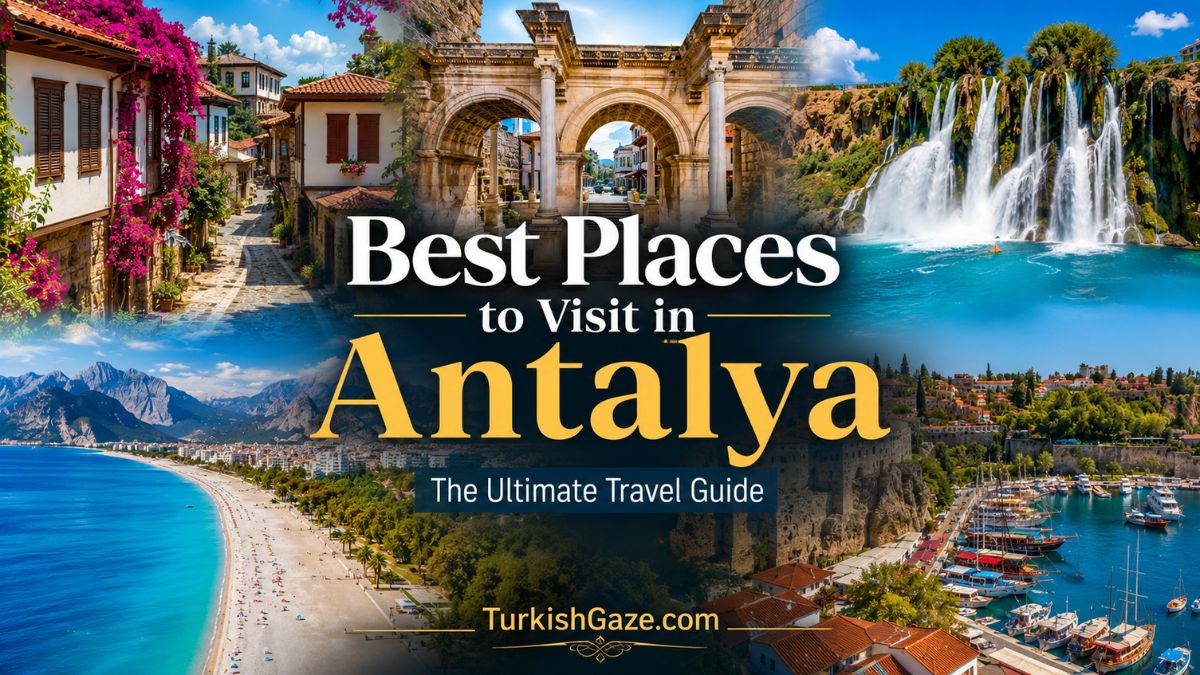 Best places to visit in Antalya including Kaleiçi, Konyaaltı Beach and Düden Waterfalls