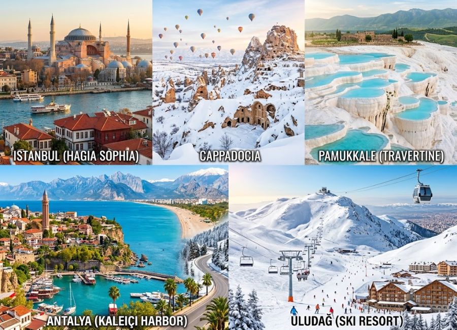 Top winter destinations in Turkey including Istanbul, Cappadocia, Pamukkale and Antalya