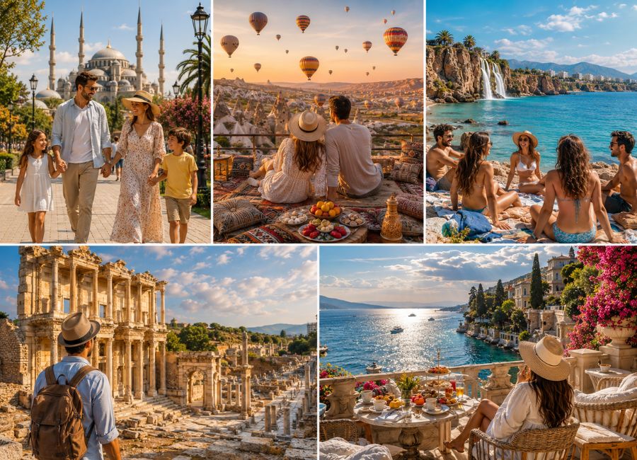 Popular destinations in Turkey including Istanbul, Cappadocia, and Pamukkale