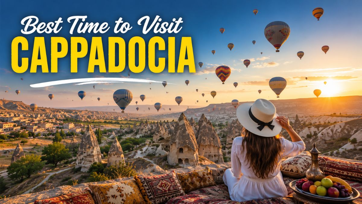 Best Time to Visit Cappadocia with colorful hot air balloons flying over Goreme at sunrise