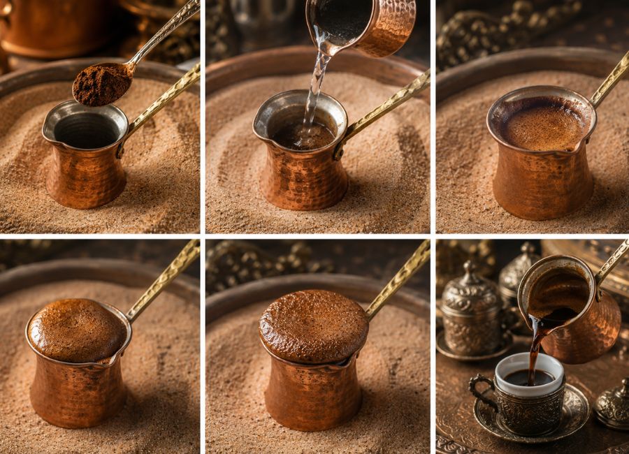 Step-by-step Turkish coffee brewing process using a traditional cezve