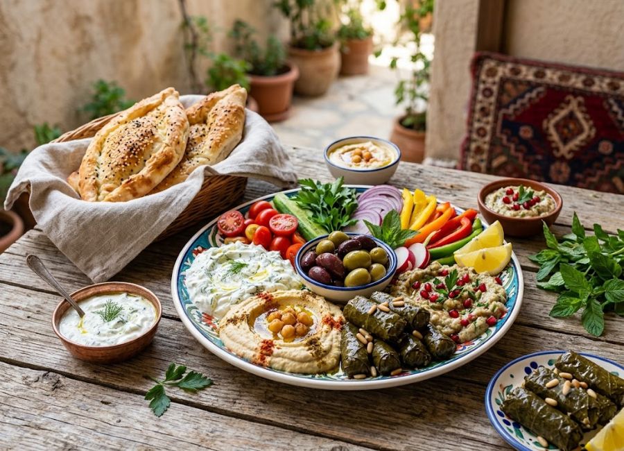 Traditional Turkish meze platter with hummus, dolma, and haydari