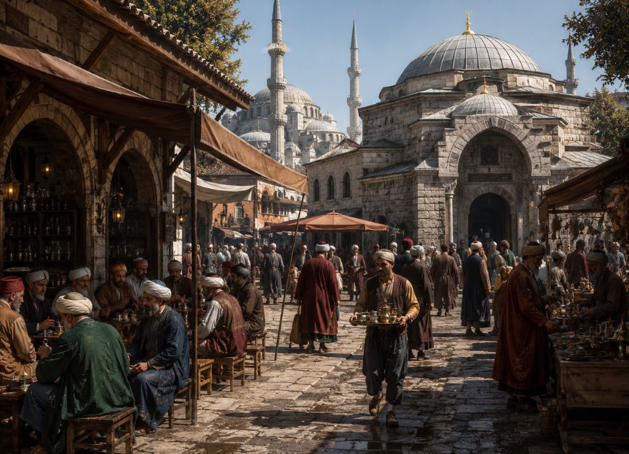 Daily life in the Ottoman Empire with markets and traditional coffee houses
