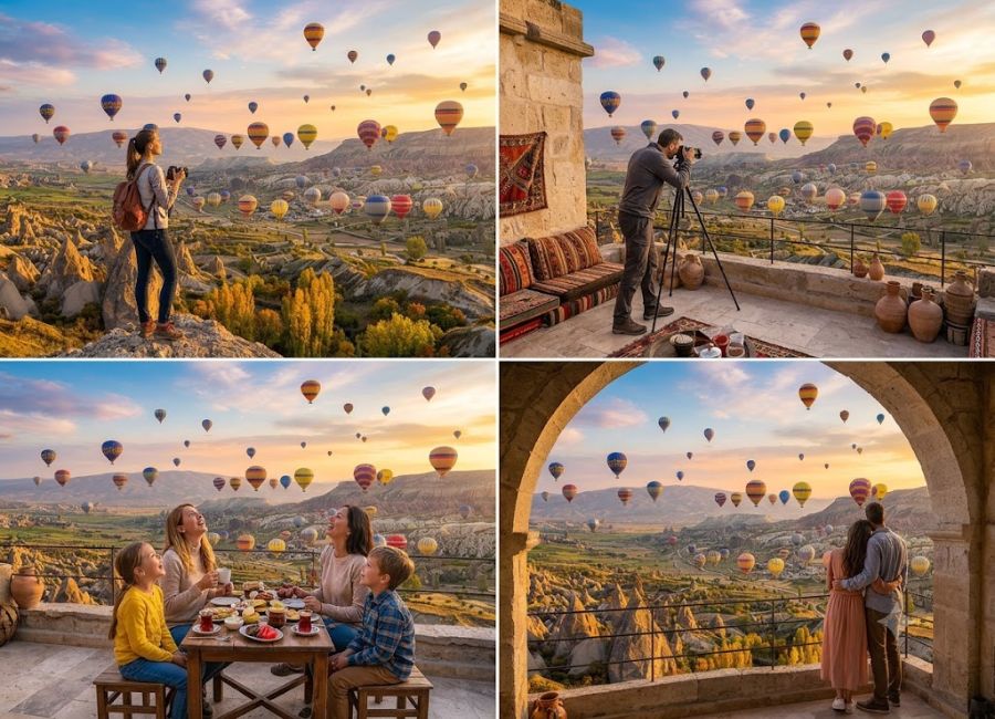 Different travel styles enjoying Cappadocia including couples, families, and solo travelers