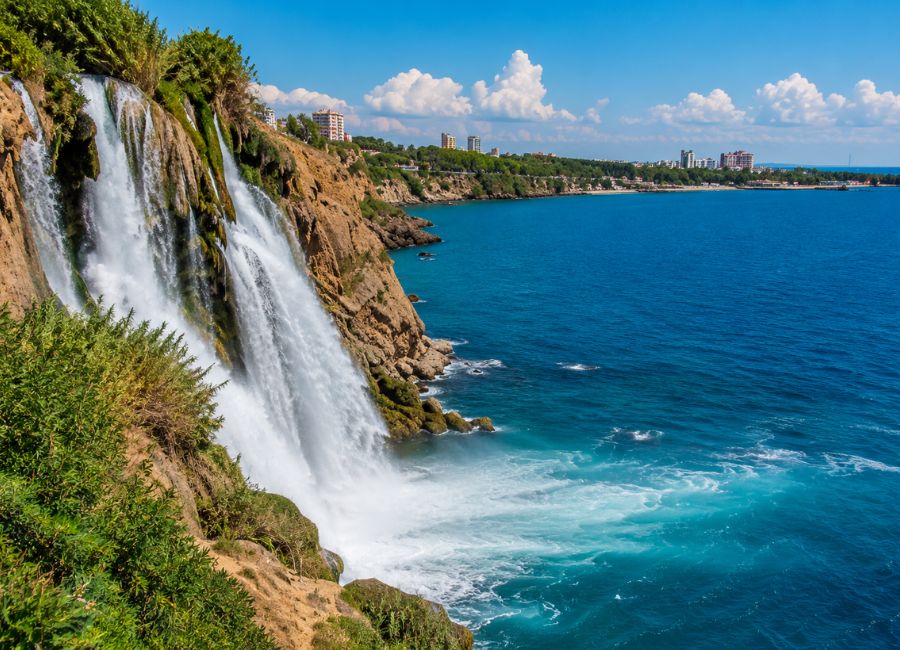 Düden Waterfalls flowing into the Mediterranean Sea in Antalya