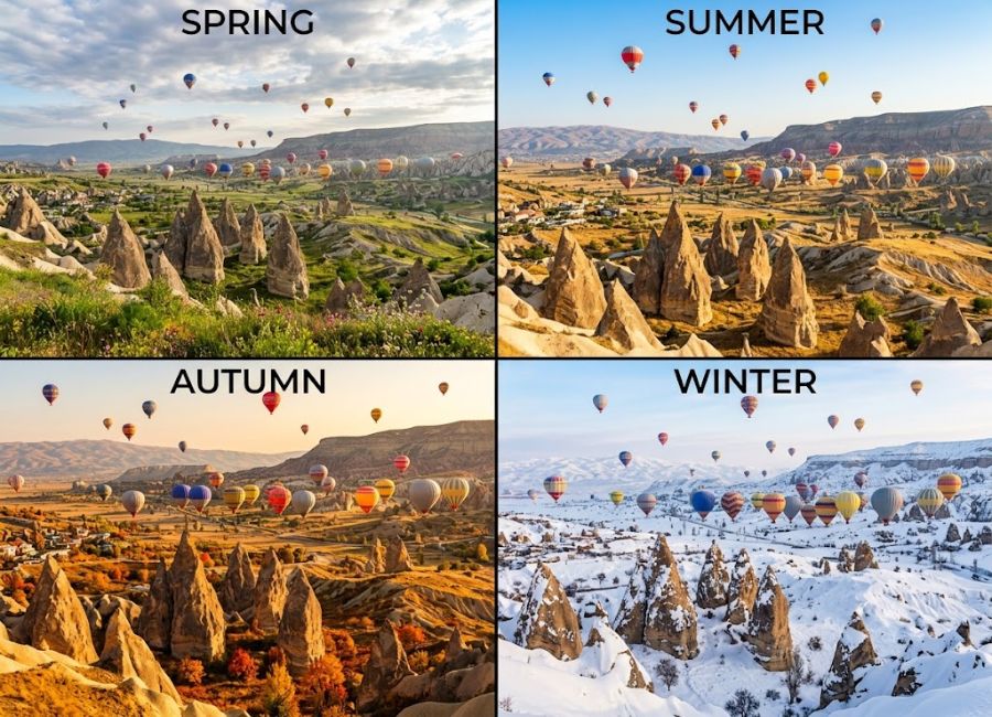 Best Time to Visit Cappadocia by season with spring, summer, autumn, and winter landscapes