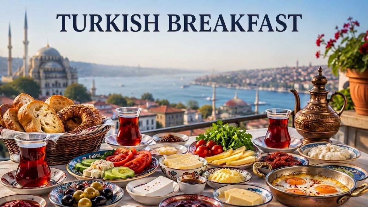 Traditional Turkish breakfast table with cheese olives eggs bread and t