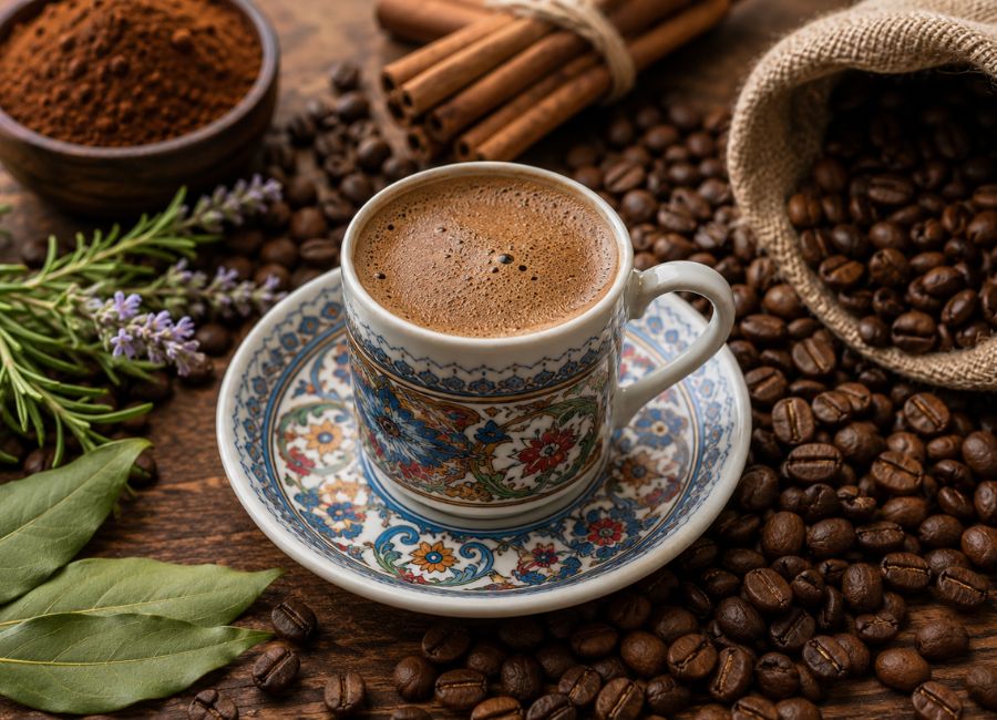 Fresh Turkish coffee with roasted coffee beans highlighting its antioxidant benefits