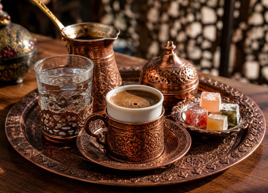 Turkish coffee served with water and Turkish delight on a traditional tray