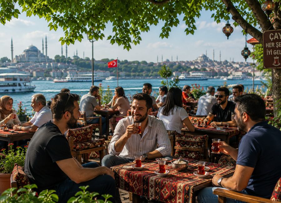 People enjoying Turkish tea at a traditional tea garden in Turkey