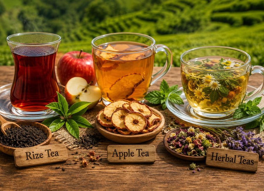 Different varieties of Turkish tea including Rize tea and apple tea