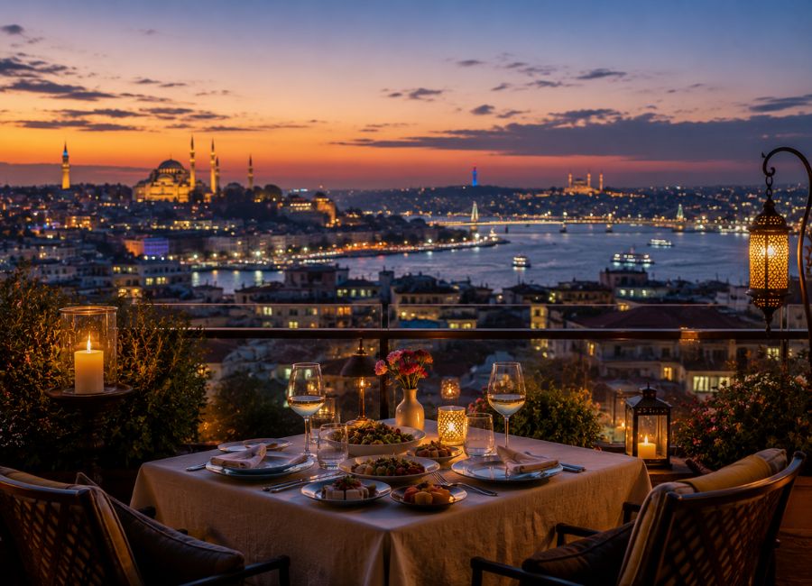 Romantic rooftop dinner restaurant Istanbul honeymoon