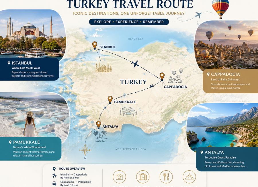 Turkey solo travel itinerary map