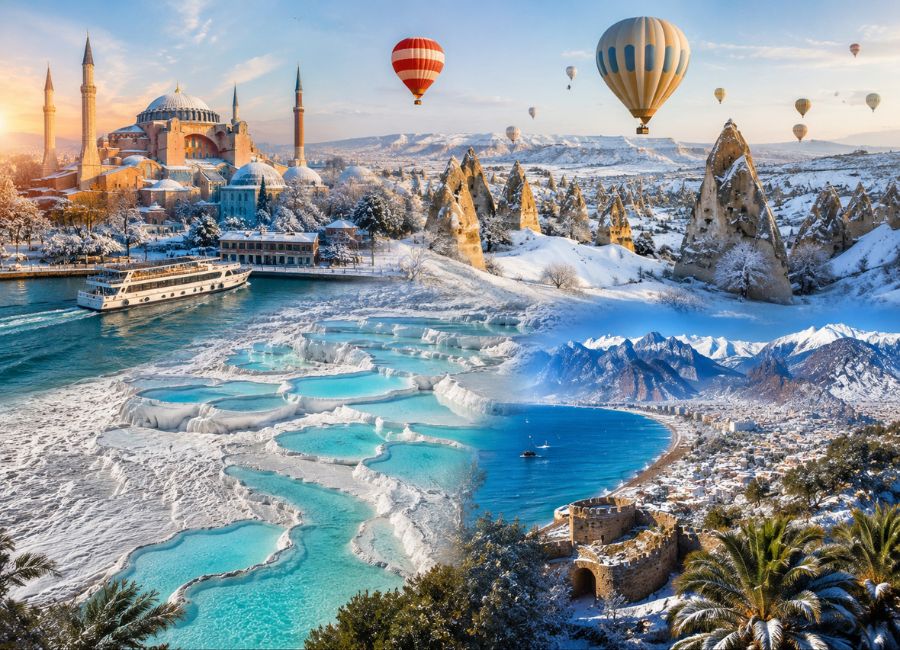 Seven day winter travel route through Istanbul Cappadocia Pamukkale and Antalya