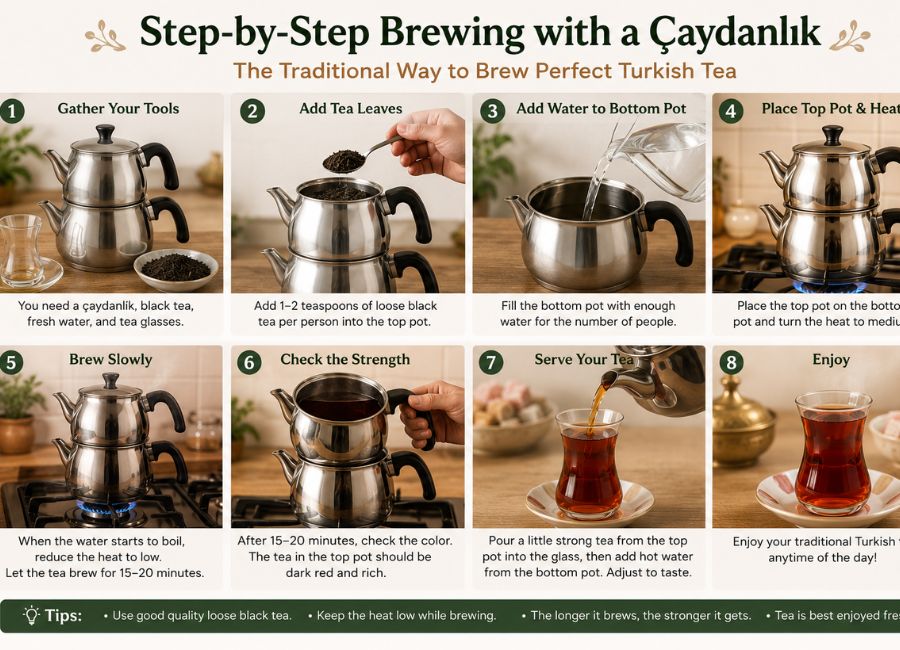 Brewing Turkish tea at home using a traditional double teapot