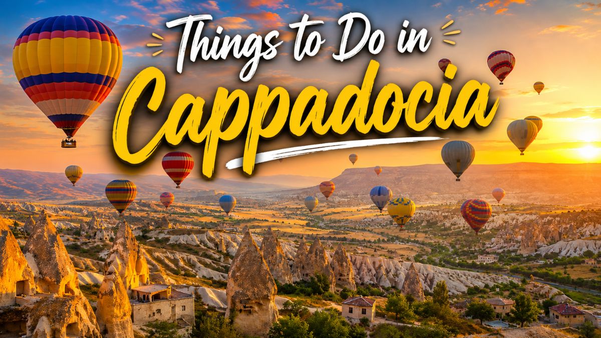 Things to do in Cappadocia with hot air balloons flying over fairy chimneys at sunrise