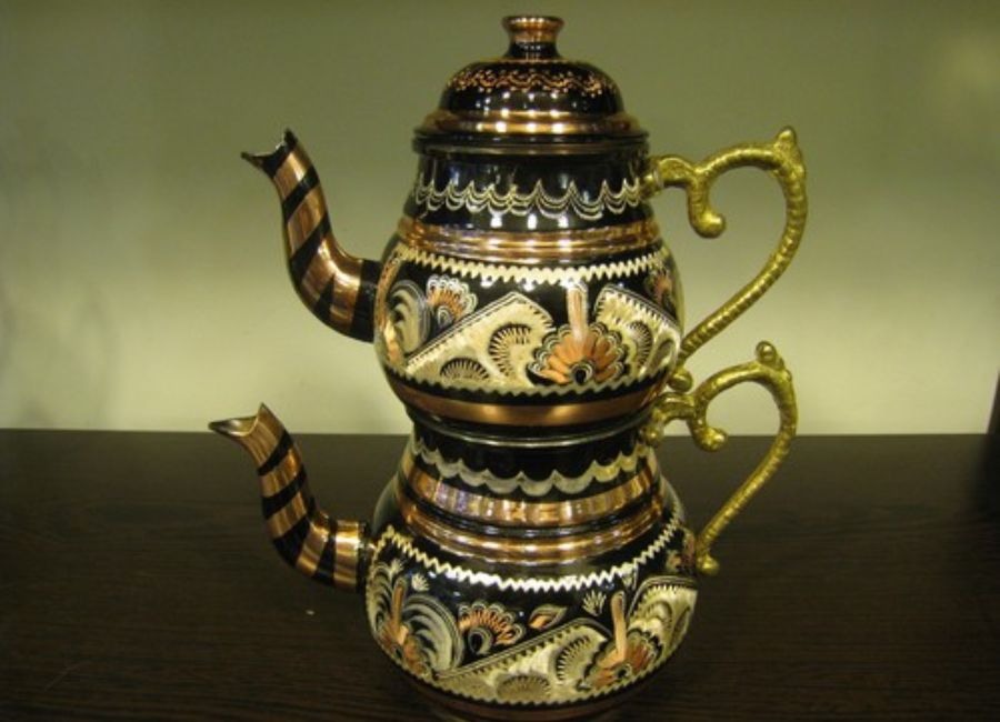 Traditional Turkish çaydanlık used to brew authentic Turkish tea