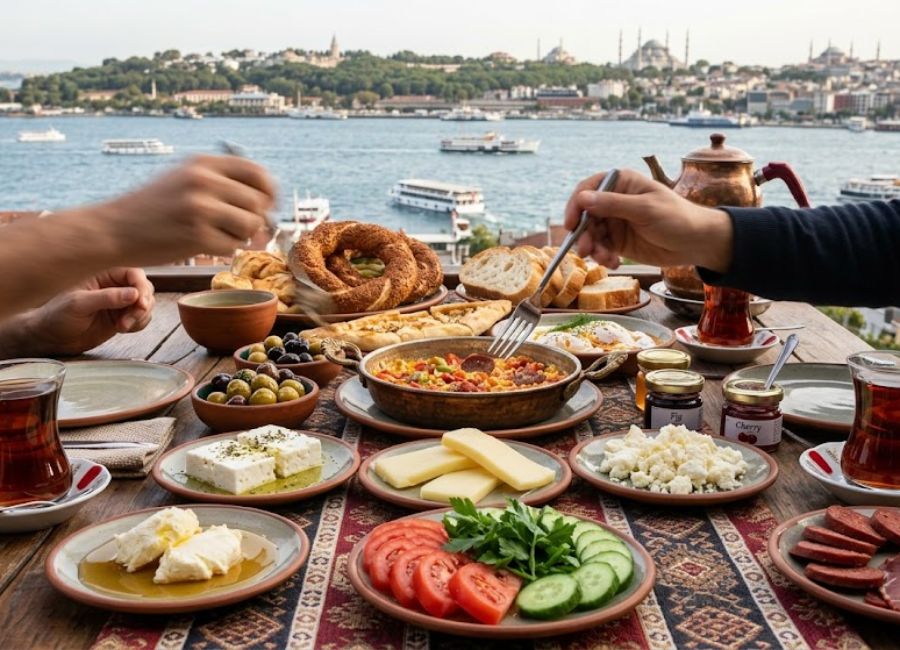 Traditional Turkish breakfast table with tea, cheese, olives, fresh vegetables, and bread overlooking Istanbul
