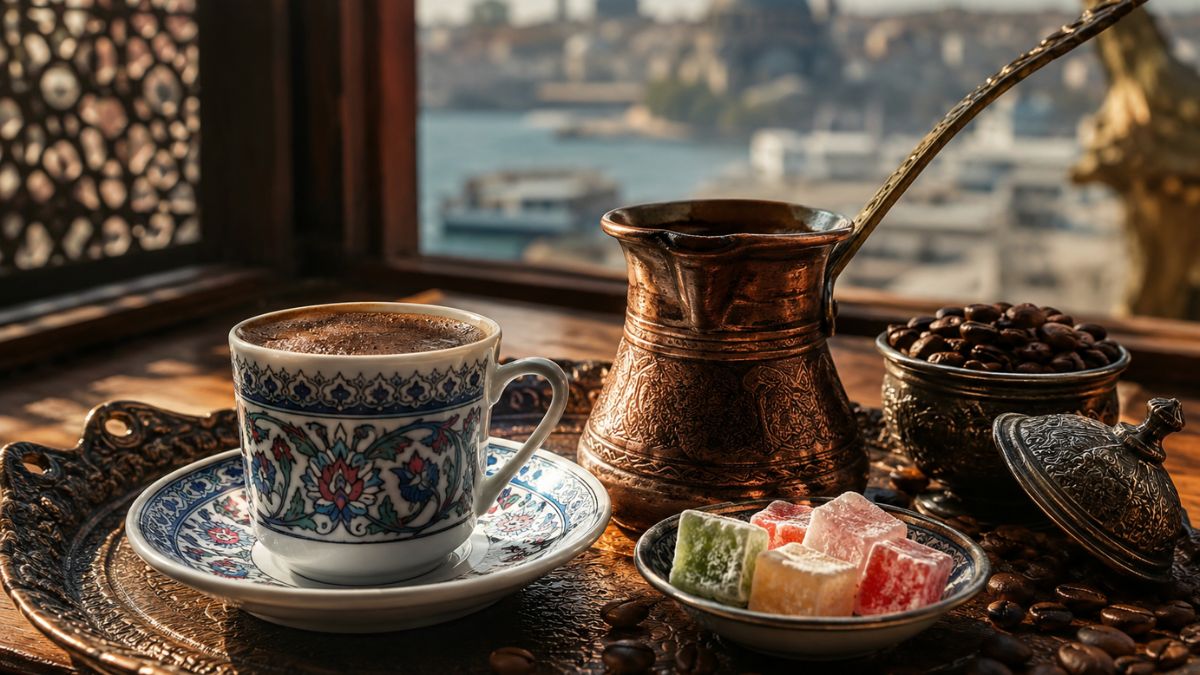Traditional Turkish coffee served in a copper cezve with Turkish delight in an authentic Istanbul café