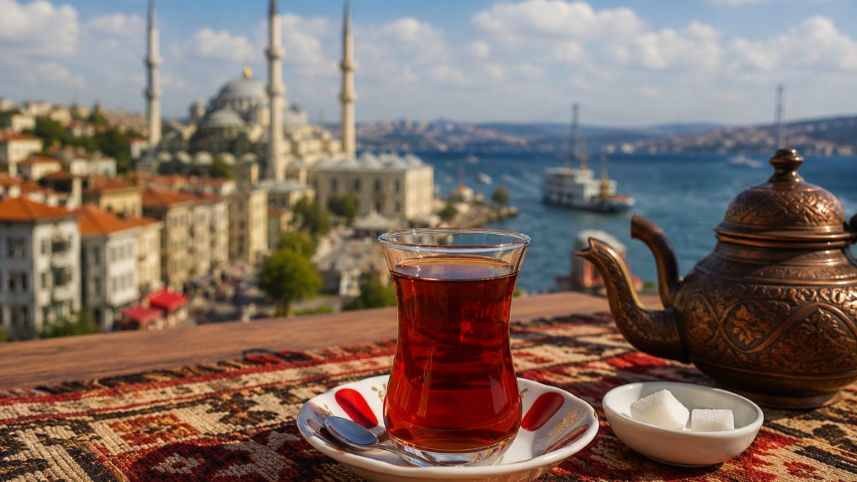 Traditional Turkish tea served in a tulip-shaped glass with Istanbul in the background