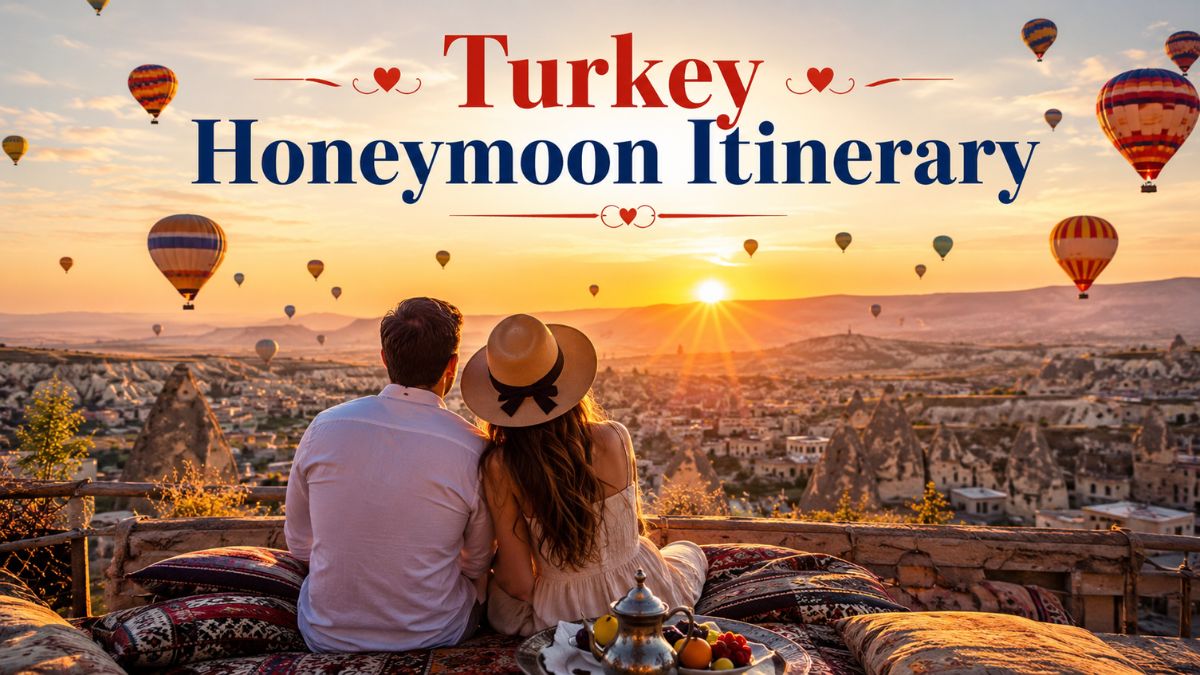 Turkey honeymoon itinerary couple watching hot air balloons in Cappadocia