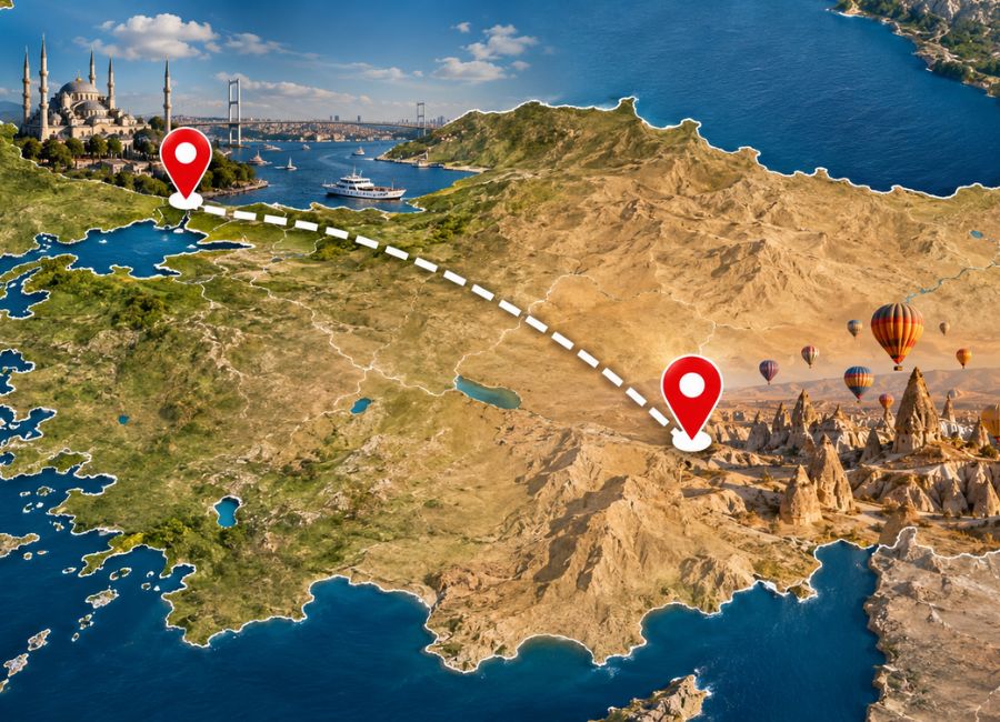 Map showing a 7 day Turkey itinerary from Istanbul to Cappadocia