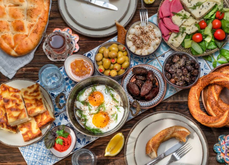 Turkish simit served with Turkish tea and traditional Turkish coffee