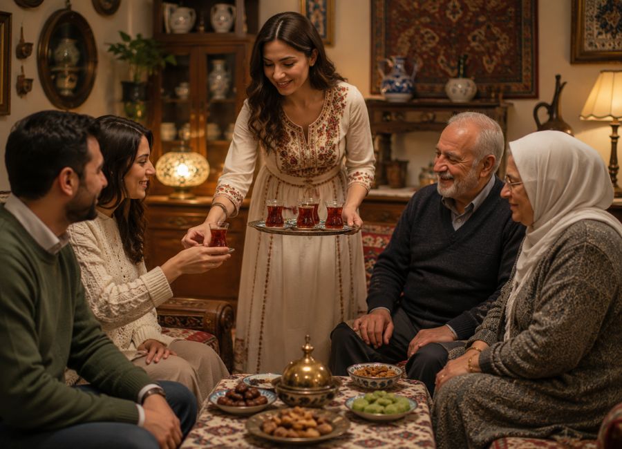 Turkish hospitality serving tea to guests