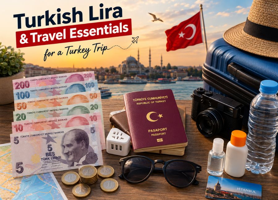 Turkish lira and travel essentials for a Turkey trip