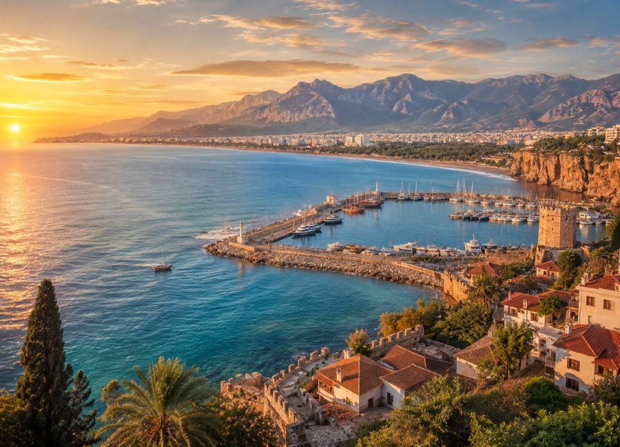 Panoramic view of Antalya coastline and Mediterranean Sea