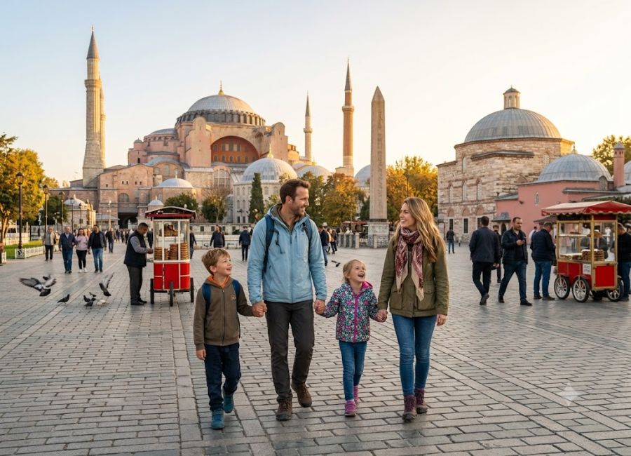 Family visiting Hagia Sophia during a Turkey family vacation