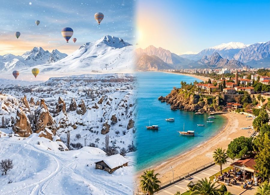Winter weather across Turkey showing snowy mountains and mild Mediterranean coast