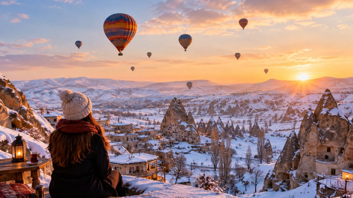Cappadocia in winter with snowy fairy chimneys and hot air balloons